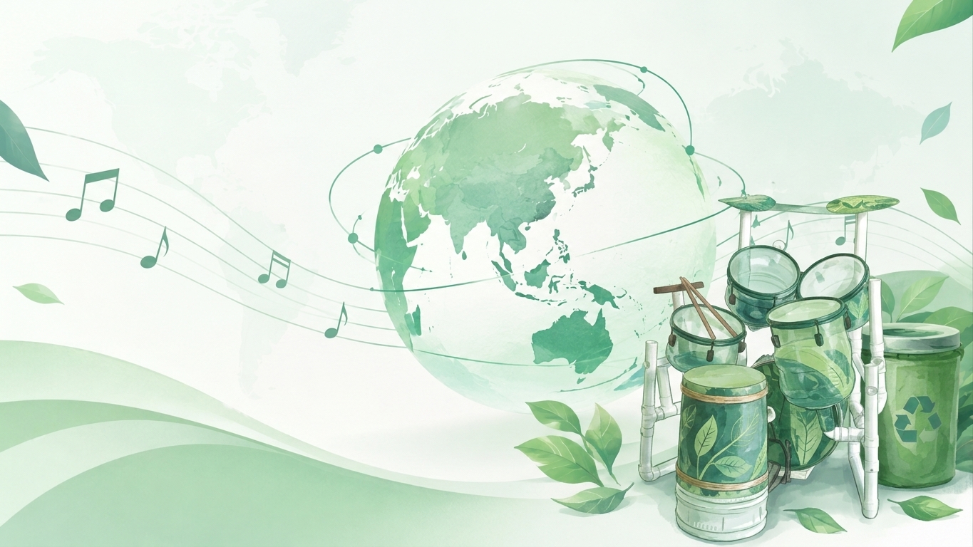 Watercolour illustration of a green globe with a drum set grown from leaves, a recycling bin, floating leaves and flowing musical lines